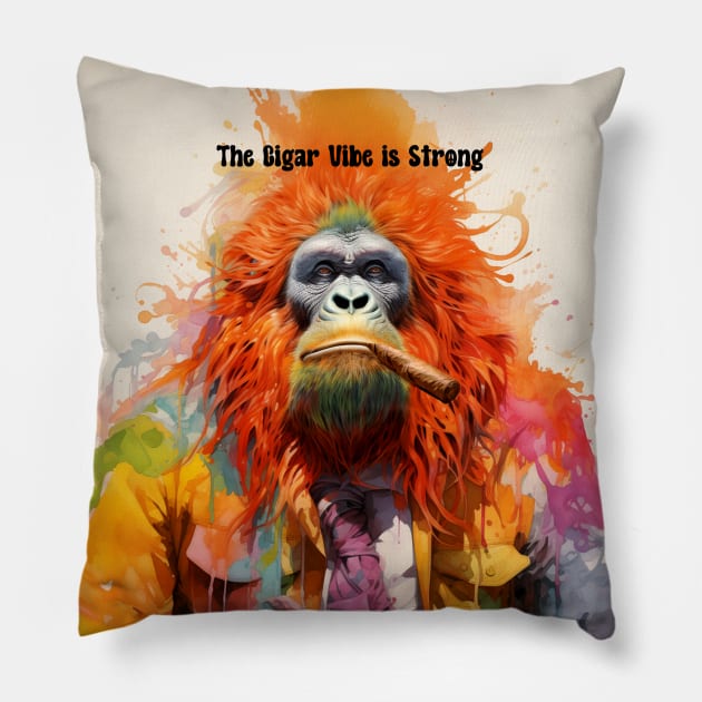 Cigar Smoking Ape: "The Cigar Vibe is Strong" Pillow by Puff Sumo