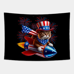 4th Of July Cat Rocket With Fireworks USA Patriotic Tapestry