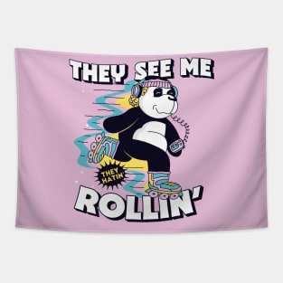 They See Me Rollin, They Hatin // Cute Rollerblading Panda Cartoon Tapestry