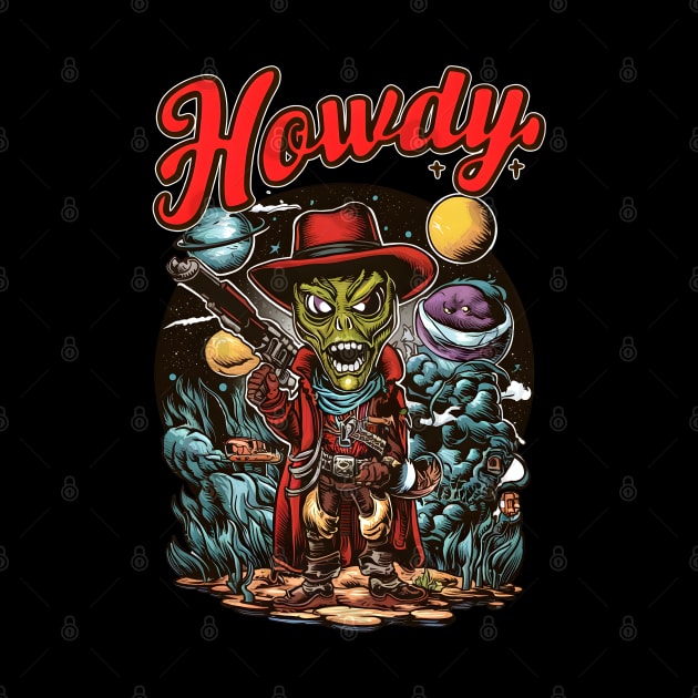 alien cowboy in the universe says howdy in vintage retro tattoo style. by KENG 51