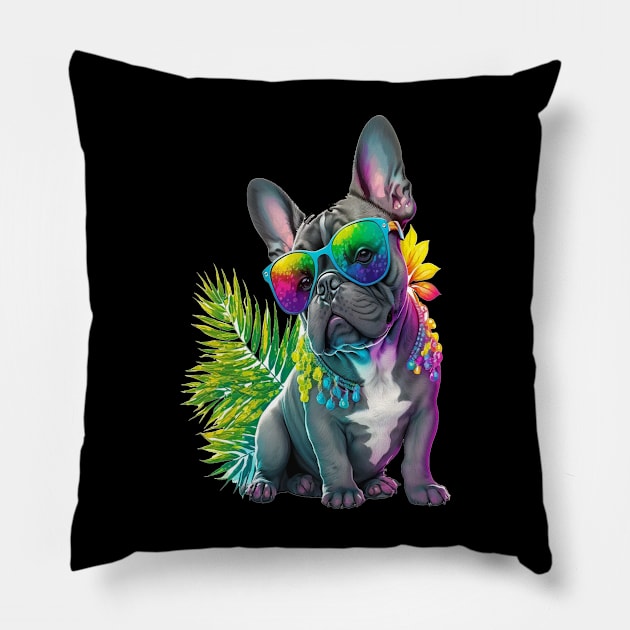 A cute grey french bulldog with white chest in summer with sunglasses Pillow by HEAHLEEHAH