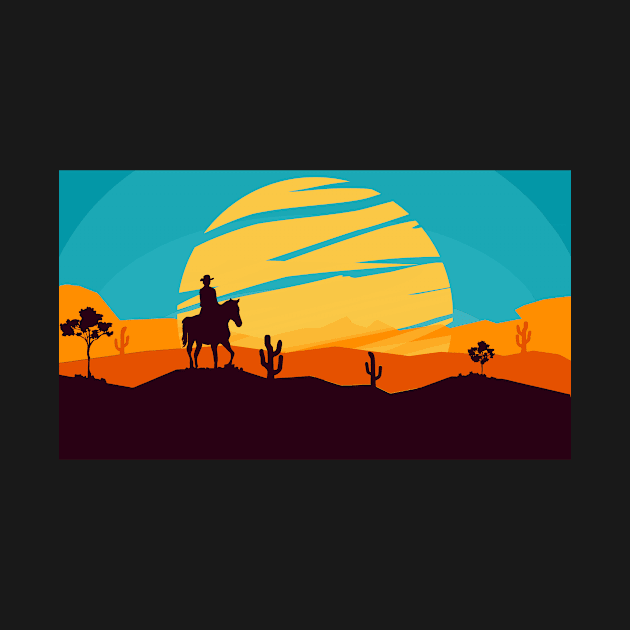 Lone rider - cowboy on horse at sunset by Montanescu