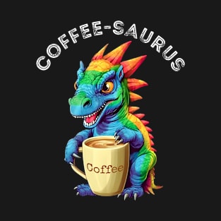 Cute Rainbow Dinosaur T-Rex - Coffee-saurus - Kawaii Anime Dino & Coffee Lover T-Shirt