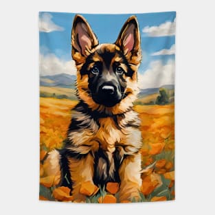 California Poppy German Shepherd Puppy Tapestry