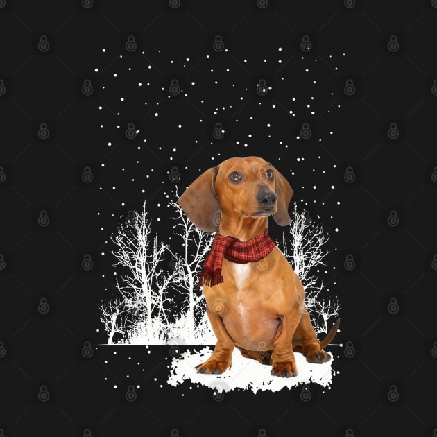 Christmas Red Dachshund With Scarf In Winter Forest by SuperMama1650