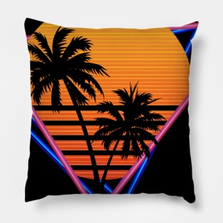 80s Retro Neon Synthwave Inspired Sunset and Palm Trees Pillow