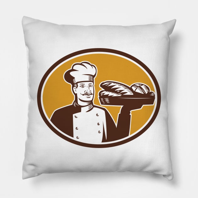 Baker Serving Bread Loaf Woodcut Pillow by retrovectors