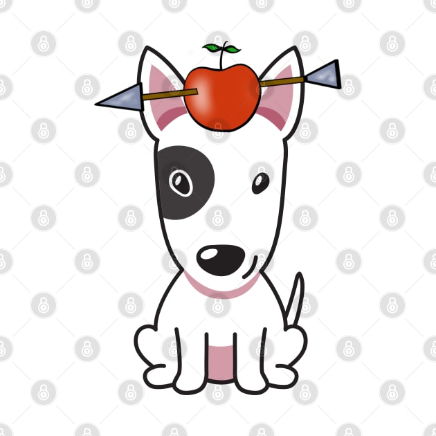 Funny Bull terrier is playing william tell with an apple and arrow by Pet Station