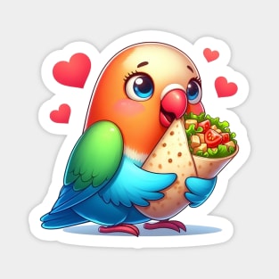 cute love birds are eating Mexican specialties, Tacos, Burritos, Enchiladas, Quesadillas, Guacamole, Fajitas, Chiles Rellenos, Tamales, Mole, Chilaquiles, Magnet