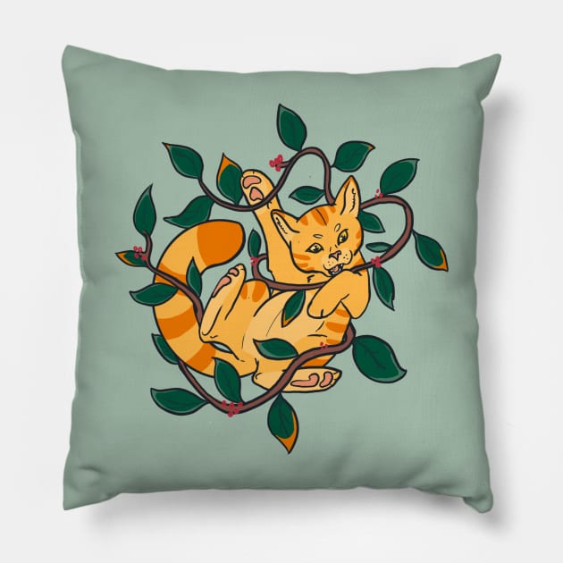 Leafy Autumn Orange Cat Pillow by CloudWalkerDesigns