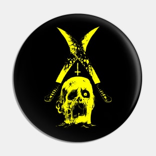 Severed head and two machetes (yellow version) Pin