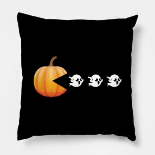 Funny Pumpkin Chasing Ghosts - Retro Video Game Pillow