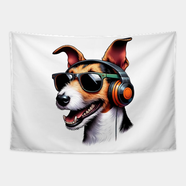 Smooth Fox Terrier Smiling DJ with Headphones and Sunglasses Tapestry by ArtRUs