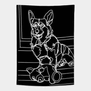 Dog Art Toy Bear and his Corgi White Line Drawing Tapestry