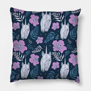 Unicorn Pink Hibiscus Flower Leaves Tropical Pattern Pillow