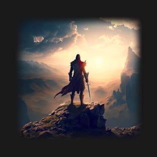 warrior fighter soldier holding a sword in a battle standing on a mountaintop looking at a valley - Fantasy Illustration -  Christian T-Shirt