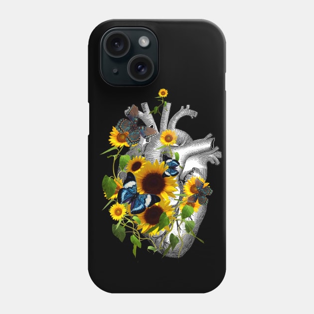 Sunflowers Heart Human Anatomy and blue butterflies Phone Case by Collagedream