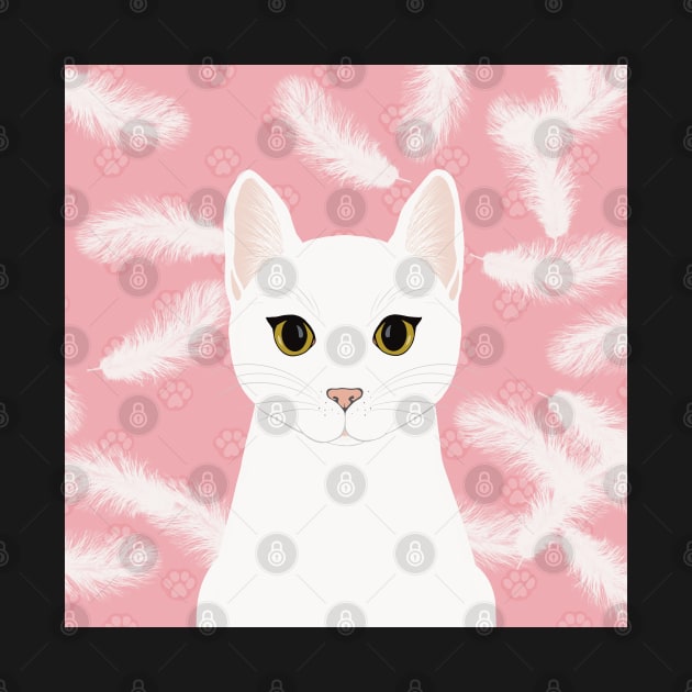 The cute white cat queen is watching you , white feathers and small kitten footsteps in the pink background by marina63