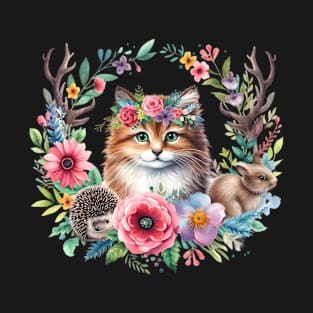 Floral Wreath Cat T-Shirt