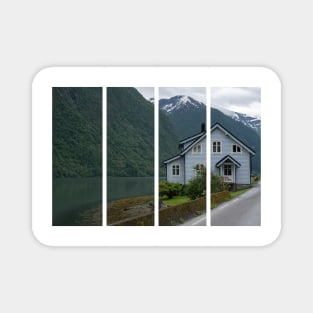Wonderful landscapes in Norway. Innlandet. Beautiful scenery of Fjaerland village and the Fjaerlandsfjorden. Snowed mountains and waterfall. Cloudy day. Magnet