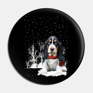 Christmas Basset Hound With Scarf In Winter Forest Pin