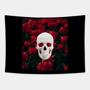 Crimson Bloom Skull Tapestry