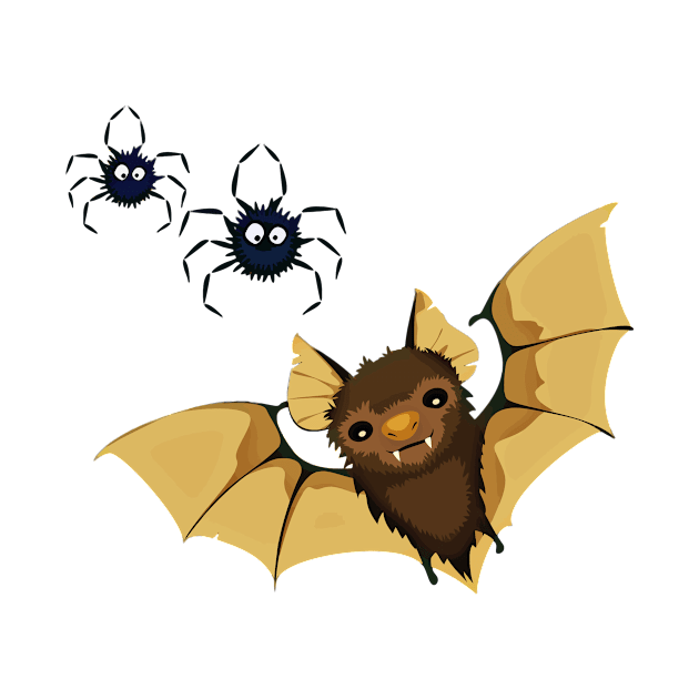 Flying bat with two black spiders - Halloween design by Montanescu