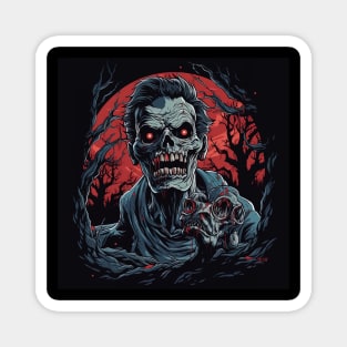 scary zombie with red eyes and red moon in background,halloween design Magnet