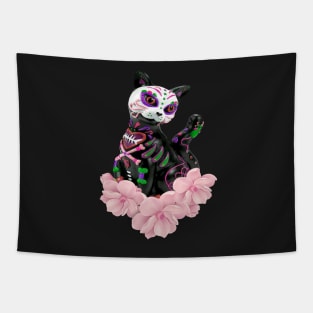 Day Of The Dead Sugar Skull Cat Pink Flowers Tapestry