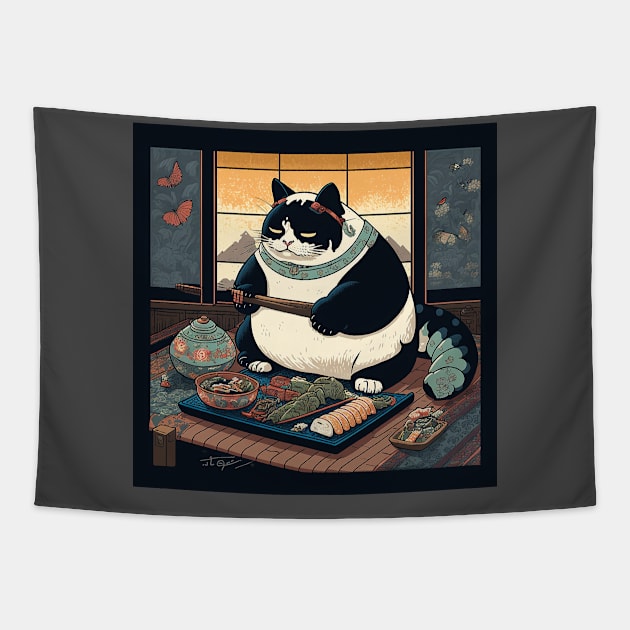 Tubby Kitty Eats Sushi Pt. 2 Tapestry by Bee's Pickled Art