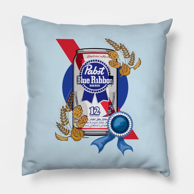 Pabst Blue Ribbon Beer Pillow by tharrisunCreative