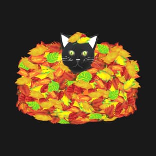 Black and White Tuxedo Cat Playing in a Pile of Fallen Autumn Leaves (Black Background) T-Shirt