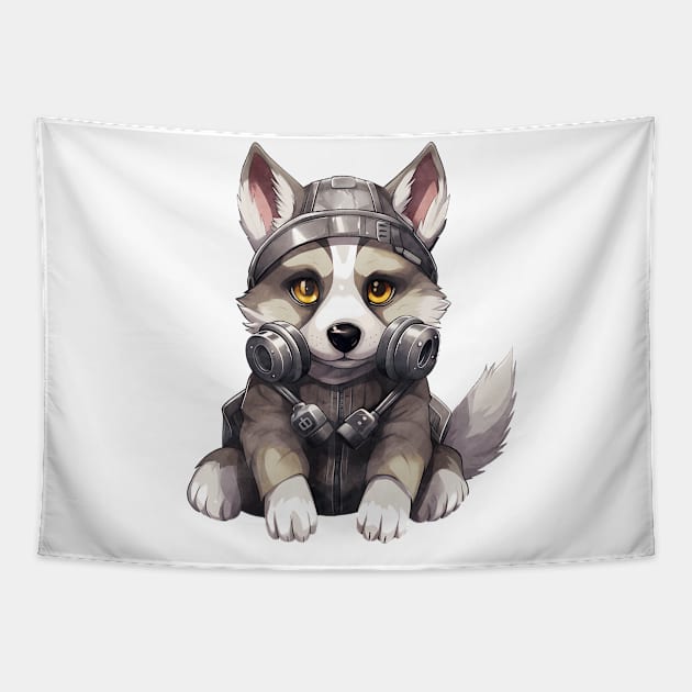 Siberian Husky Dog Wearing Gas Mask Tapestry by Chromatic Fusion Studio