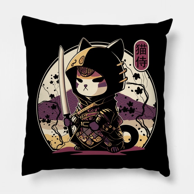 Samurai Cat Tattoo, Kawaii Ninja Cat Pillow by Apocatnipse Meow