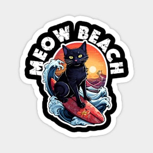 Black Cat Surfer - Meow Beach (White Lettering) Magnet