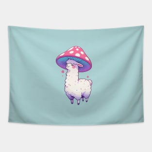 Kawaii simple smiling llama in Mushroom Hat Tapestry