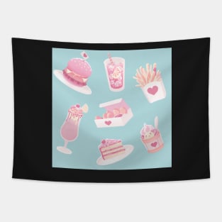 Pink Kawaii Fast Food (on blue) Tapestry