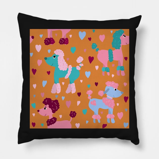 Colourful poodles with hearts repeat pattern Pillow by NattyDesigns