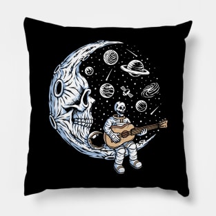 Funny Skeleton Astronaut Playing Guitar on Dead Moon Pillow