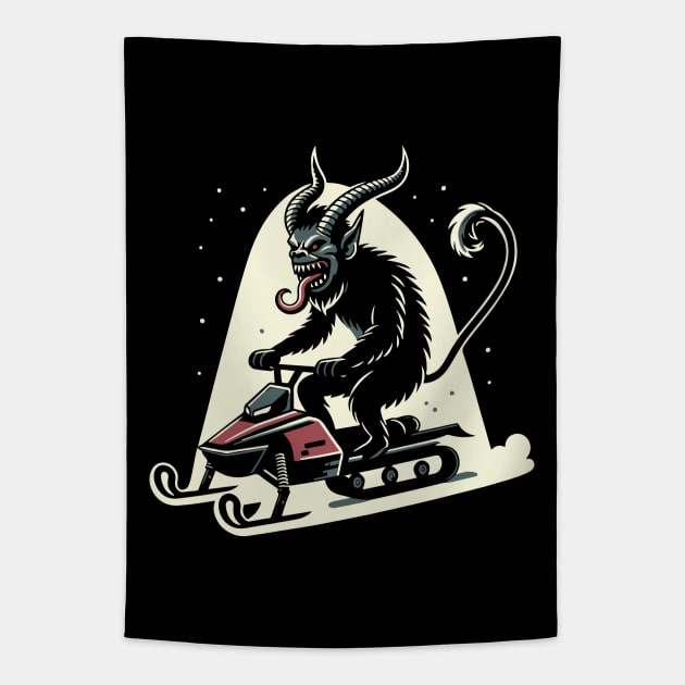 Krampus Riding a Snowmobile Krampusnacht Tapestry by Huhnerdieb Apparel