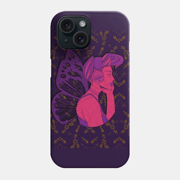 Butterfly woman listening to music in pink Phone Case by KK-Royal