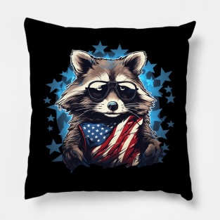 old raccoon proudly American flaG Pillow