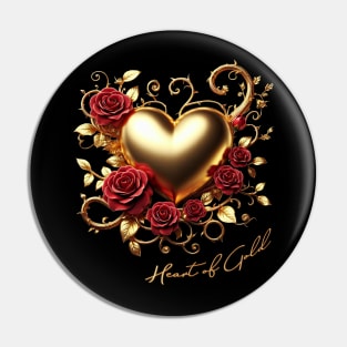 Heart of Gold With Red Roses for Valentine's Day Pin