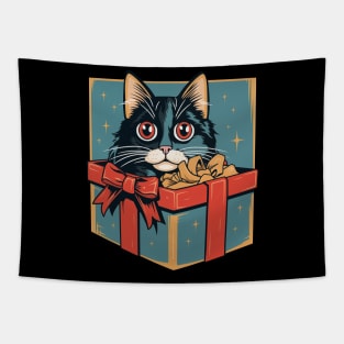 Vintage charm - adorable kitten peeking out of a holiday gift box, nostalgic design illustration for Christmas fun. Tapestry