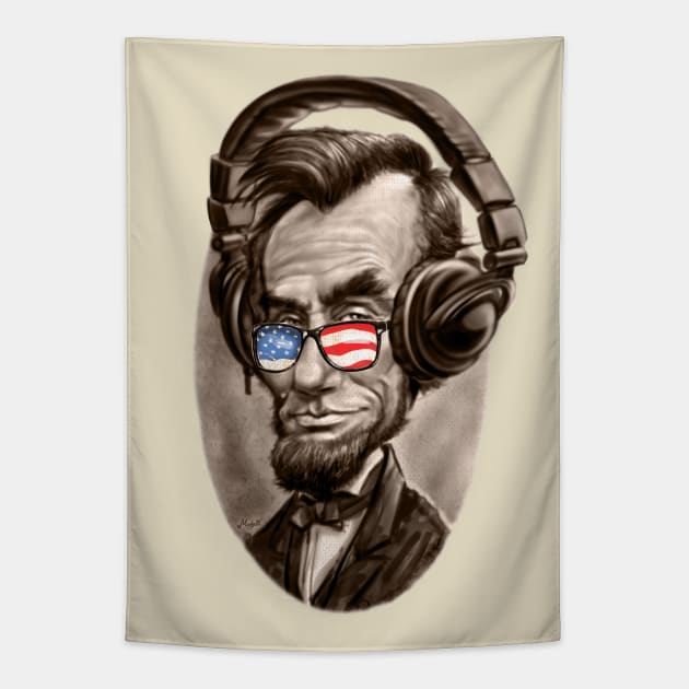 Abe Lincoln With Music Headphones and Stars and Stripes Sunglasses Tapestry by Mudge