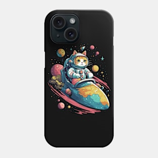 Colorful Cat Space Adventure - Whiskers Soaring on a Cosmic Rocket! Phone Case