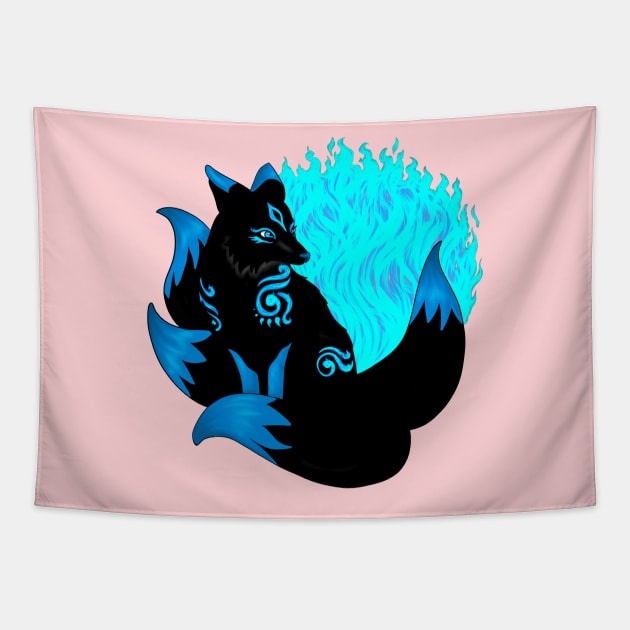 Dark Black and Blue Kitsune Tapestry by Lady Lilac