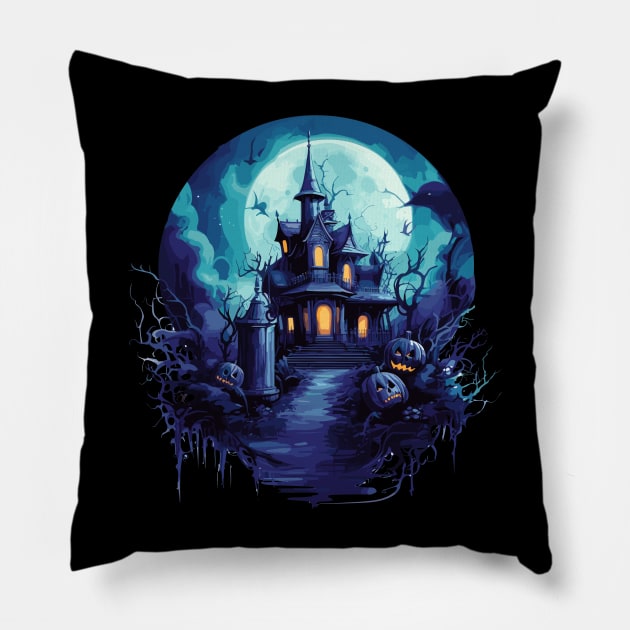 Halloween Haunted Mansion in Blue Pillow by Tees 4 Thee