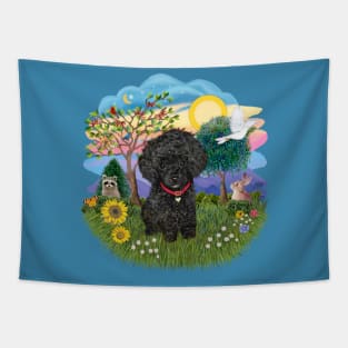 A Scenic Meadow With a Fluffy Black Toy Poodle Tapestry