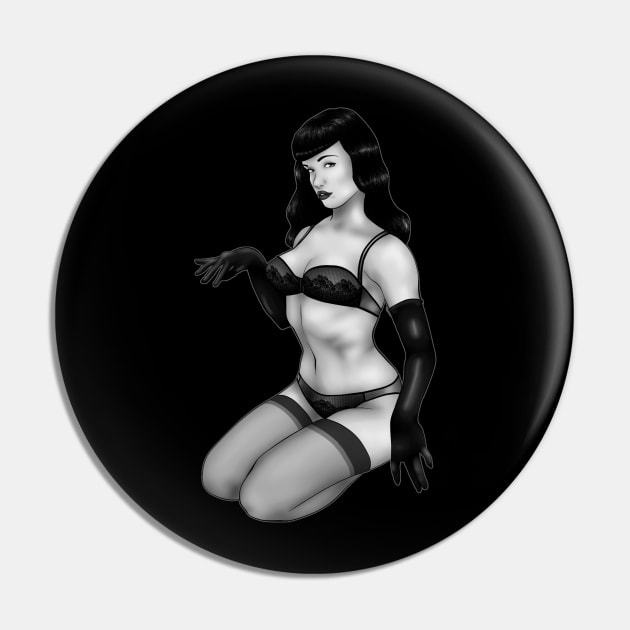 Bettie Page Pin Up Greyscale Pin by ChePanArt